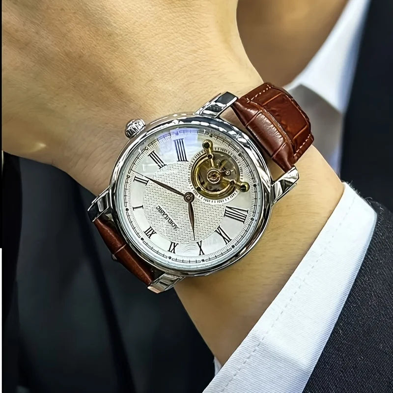 Ceas mecanic automat pentru bărbați – Design elegant ajurat, stil „business casual” la modă, carcasă din aliaj și brățară din piele, fără baterie