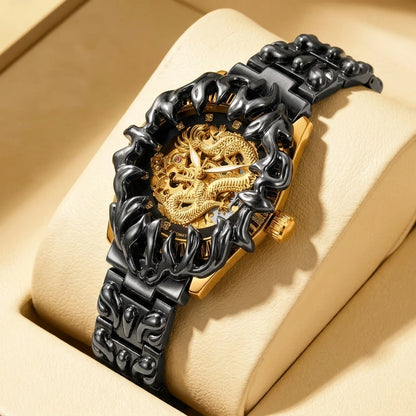 A men's yellow and black retro style classical irregular dragon patterned tourbillon mechanical watch