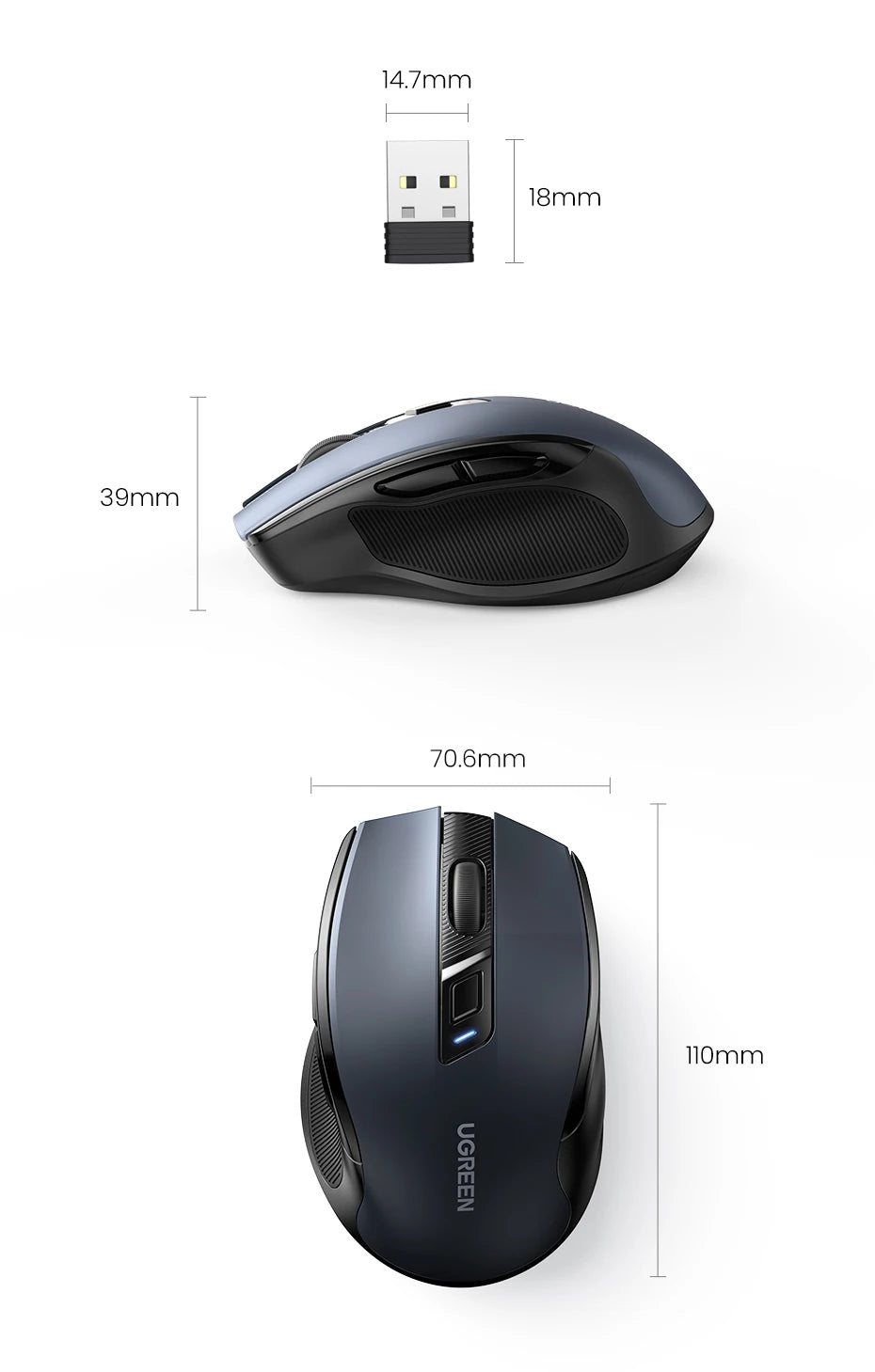 Rato sem fios UGREEN Bluetooth 5.0 ergonómico 4000DPI com 6 botões silenciosos para MacBook, tablet, portáteis, computador e PC, rato 2.4G