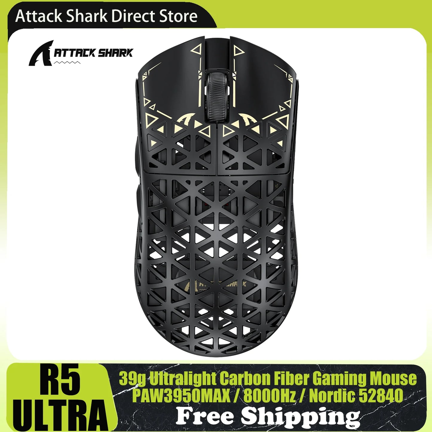 ATTACK SHARK R5 Ultra Carbon Fiber kabellose Gaming-Maus, PixArt PAW3950MAX Gaming-Sensor, 42000DPI, 8000Hz, MCU Nordic 52840