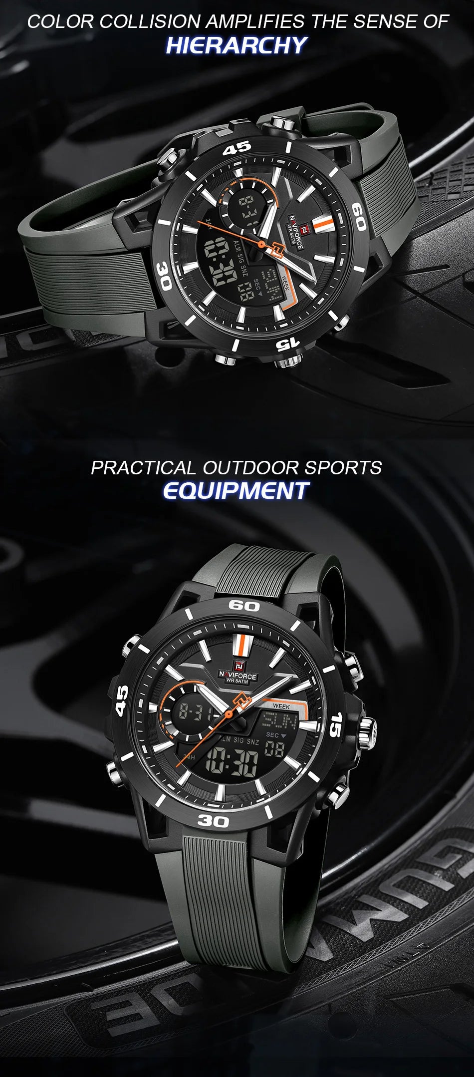 NAVIFORCE Men's Watch Dual Display 50M Waterproof Countdown Chronograph Alarm Clock Male Fashionable Sports Wristwatch NF7135