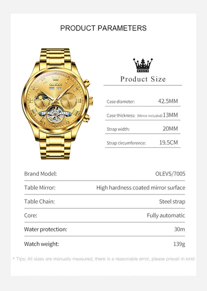 OLEVS 7005 Classic Business Mechanical Wristwatch for Men Skeleton Flywheel 24 Hour Moon Phase Calendar Luxury Men's Watch