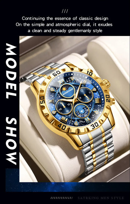2026 Men Watch Light Luxury Business Steel Belt Moonphase Starry Night Light Waterproof Men's Fashion Quartz Clock Watches Gift