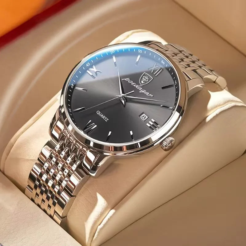 Ceas de mână pentru bărbați POEDAGAR Business Quartz, oțel inoxidabil, rezistent la apă, dată luminoasă, ceas de mână de lux casual pentru bărbați