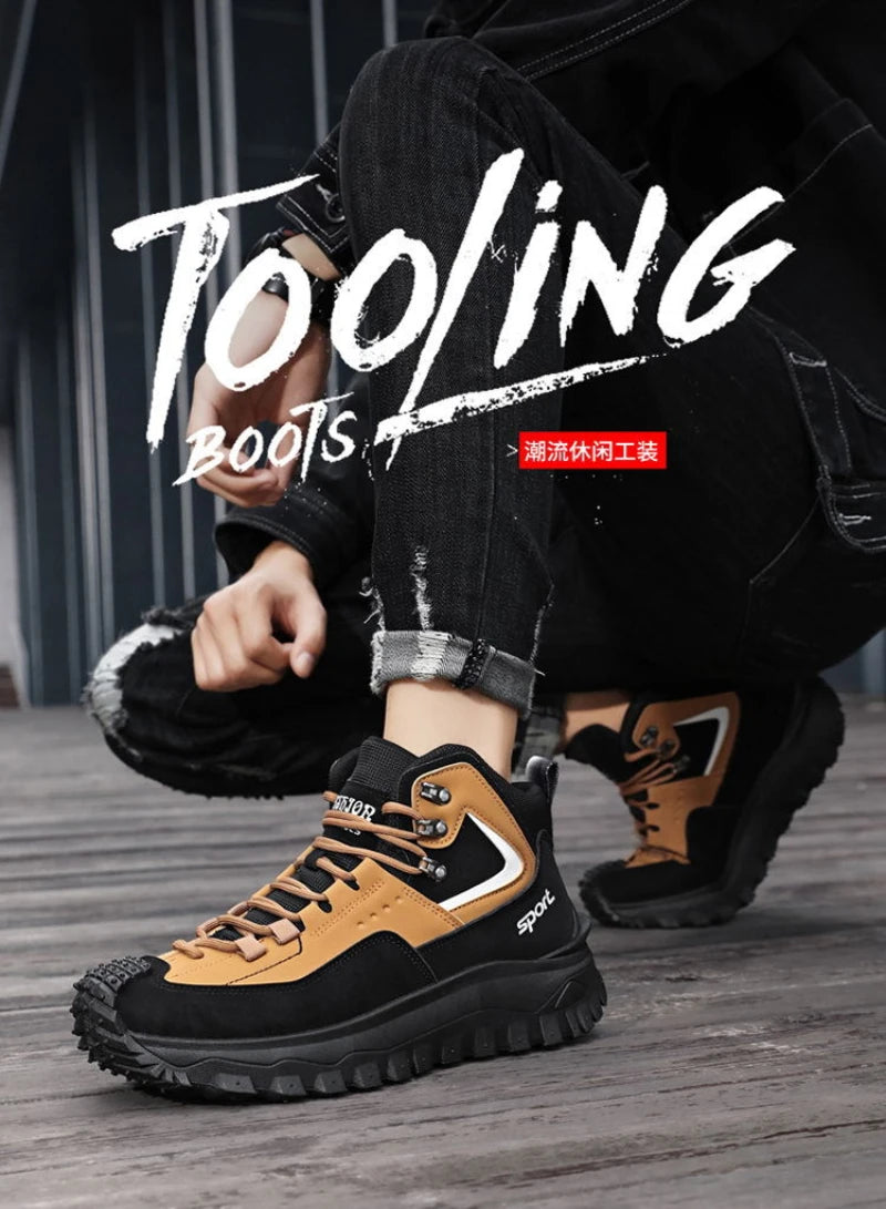 Black And Tan Mid Top Hiking Boots Suede And Leather Platform Sneakers Non Slip Outdoor Casual Shoes With Rugged Sole For All