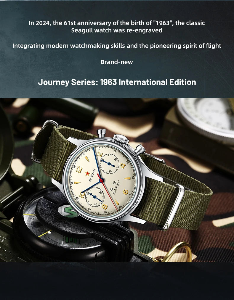 Seagull 1963 International Edition Men's Mechanical Watch Chronograph Pilot Manual Winding Watch ST1901 Black Leather Strap Hot