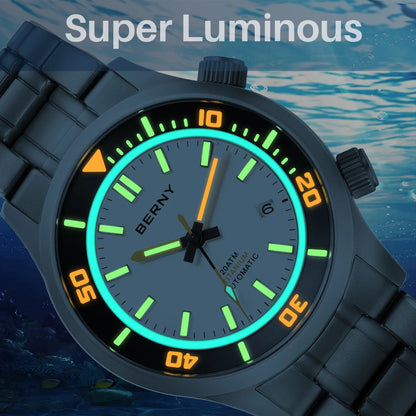 BERNY Automatic Full Titanium Diver Watch For Men Supper Luminous Sappire AR Coated Miyota 8215 Dual Crown Mechanical Dive Watch