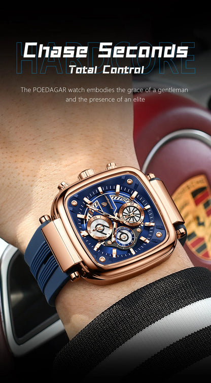 POEDAGAR Square Sport Man Wristwatch Date Waterproof Luminous Chronograph Watch For Men Silicone Strap Men's Quartz Watches Male