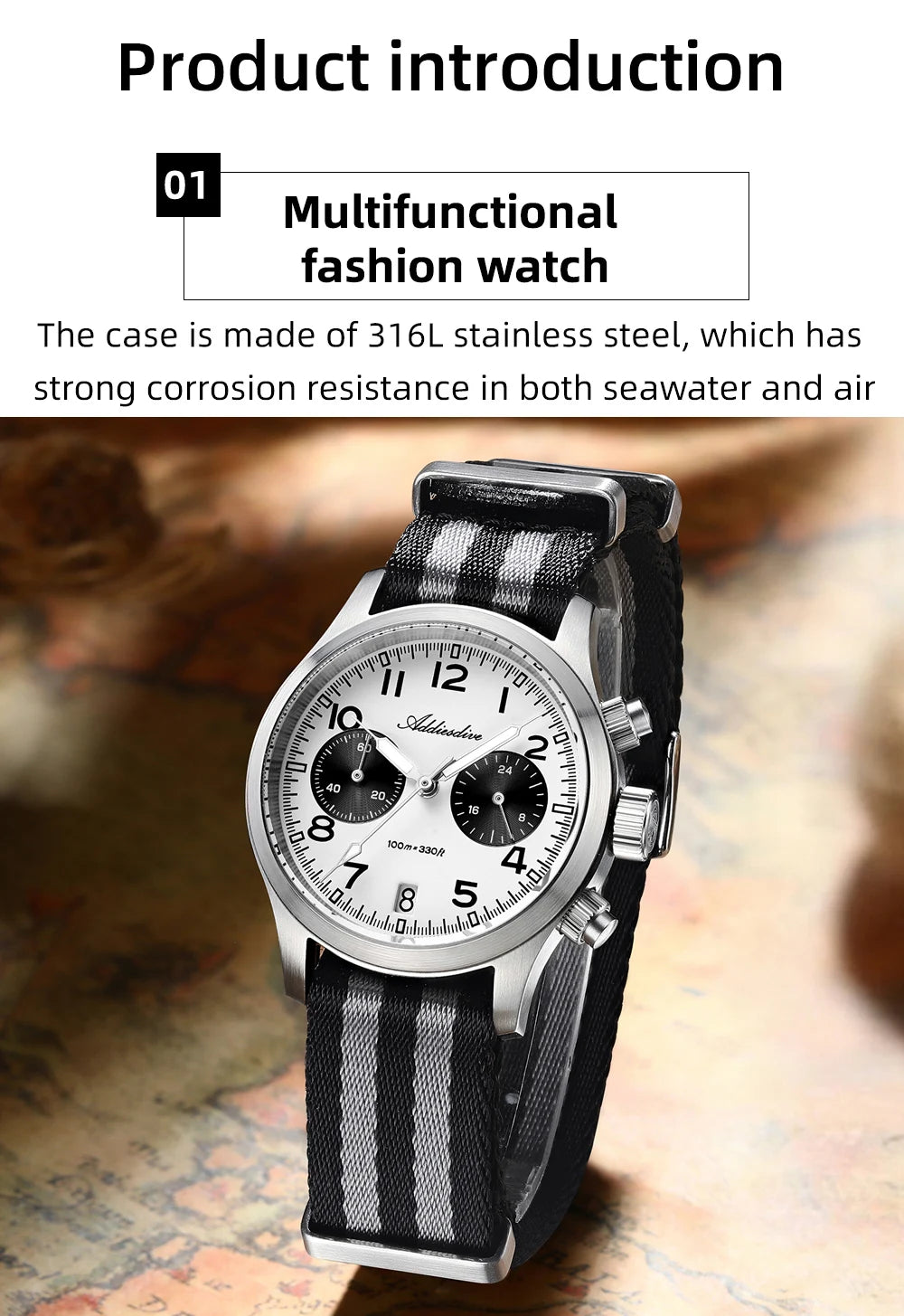 ADDIESDIVE 2025 New Panda Eye Men's Watches Retro Luxury VK64 Quartz Watch For Men Sport Chronograph 100M Waterproof Luminous
