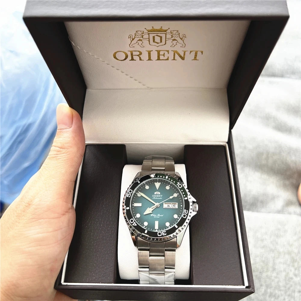Orient Men's 200M Waterproof Automatic Dive Watch Dial Stainless Steel Bracelet Day Date Self-Winding Luminous Wristwatch