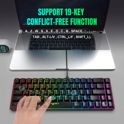 Teclado gaming coreano portátil HXSJ V200 de 68 teclas, 65%, com retroiluminação RGB, com fios, de membrana, para escritório, PC de secretária e computadores portáteis