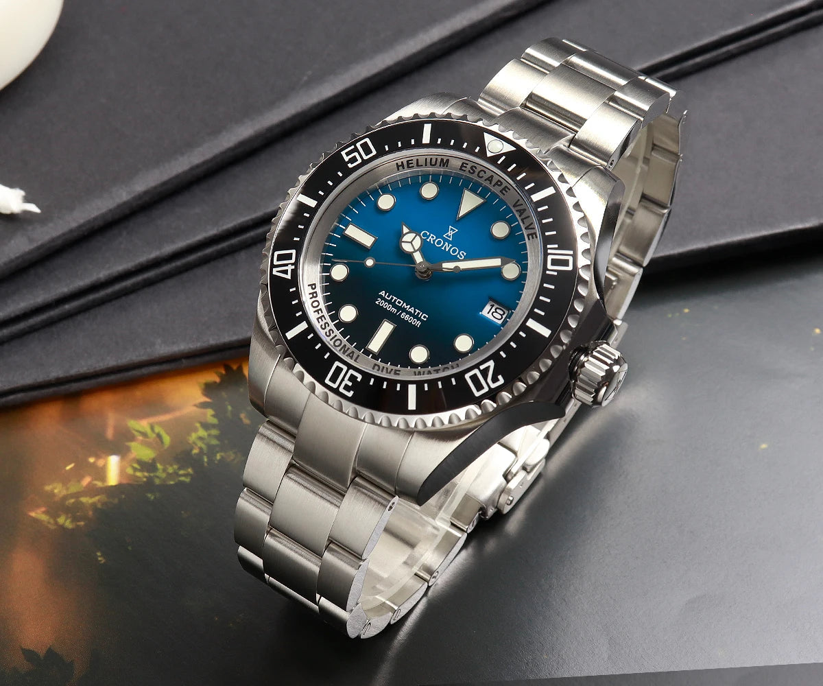 Cronos Automatic Diving Watch Stainless Steel 2000 Meters Water Resistance Professional Diver PT5000 SW200 Miyota9015 90S5 L6027M