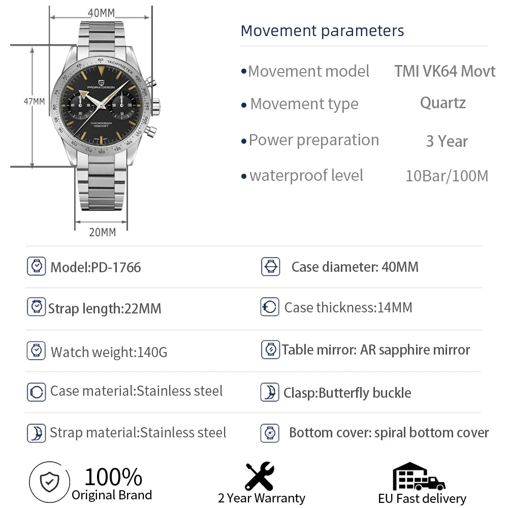 2026 New PAGANI DESIGN Retro Men's Watches Moon Quartz Watch For Men Speed Sports Chronograph AR Sapphire VK64 Clock