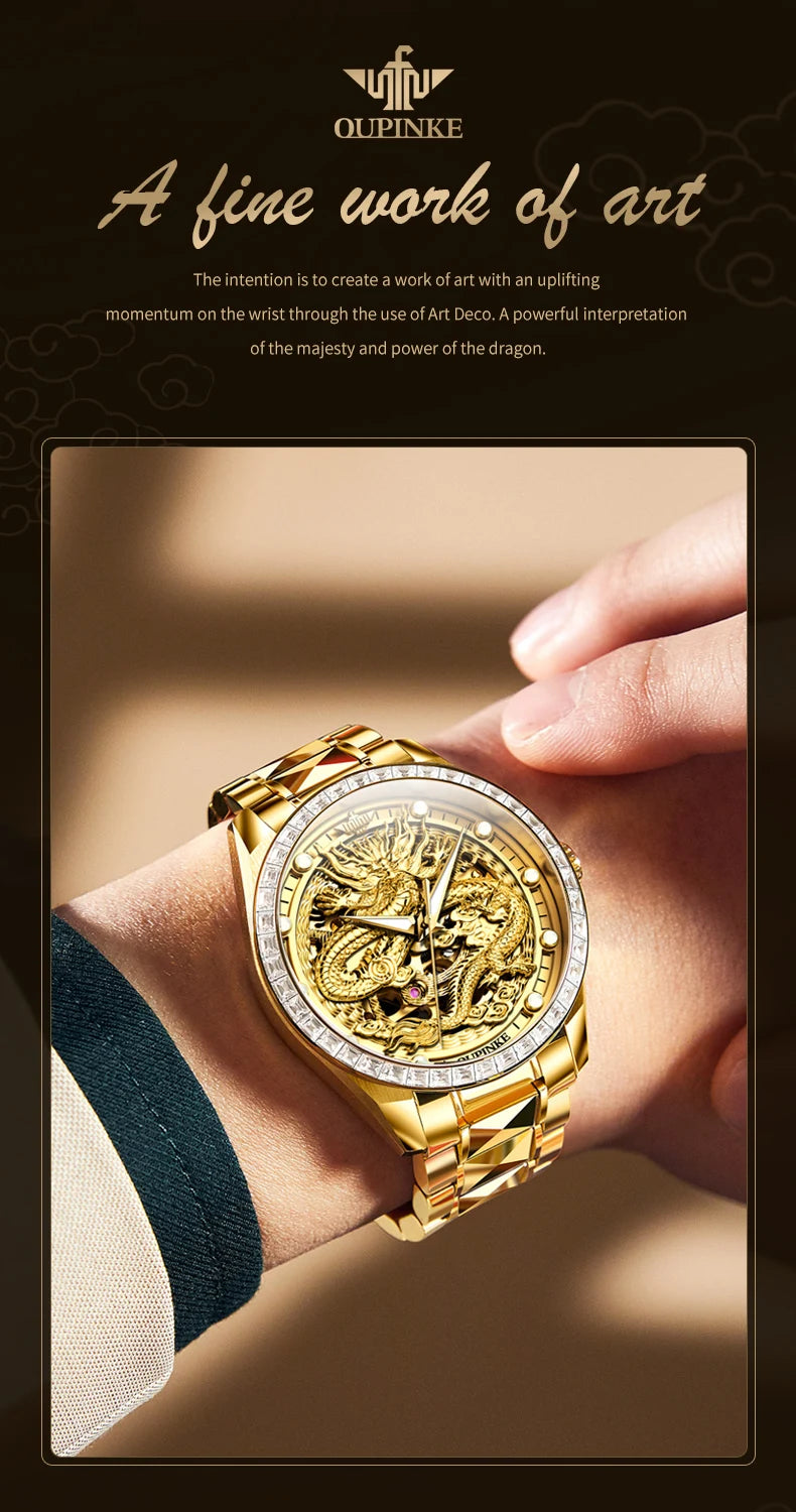 OUPINKE Herrenarmbanduhr, Top-Marke, Luxus, Gold, Wolframstahl, originale automatische mechanische Armbanduhr mit Zifferblatt im Drachenmuster