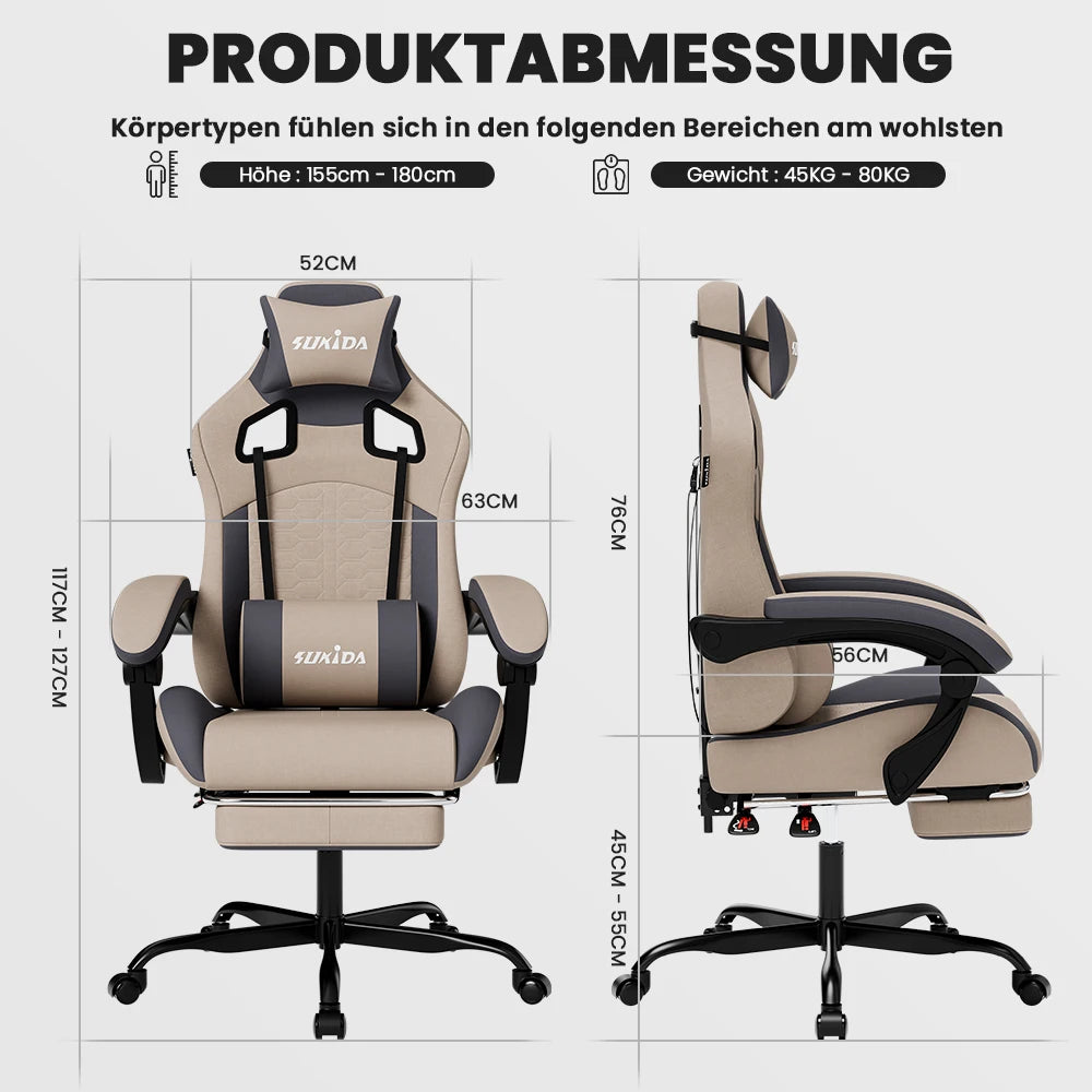 SUKIDA Ergonomic Racing Gaming Chair Adjustable Swivel with Headrest and Lumbar Support for Office and Gaming