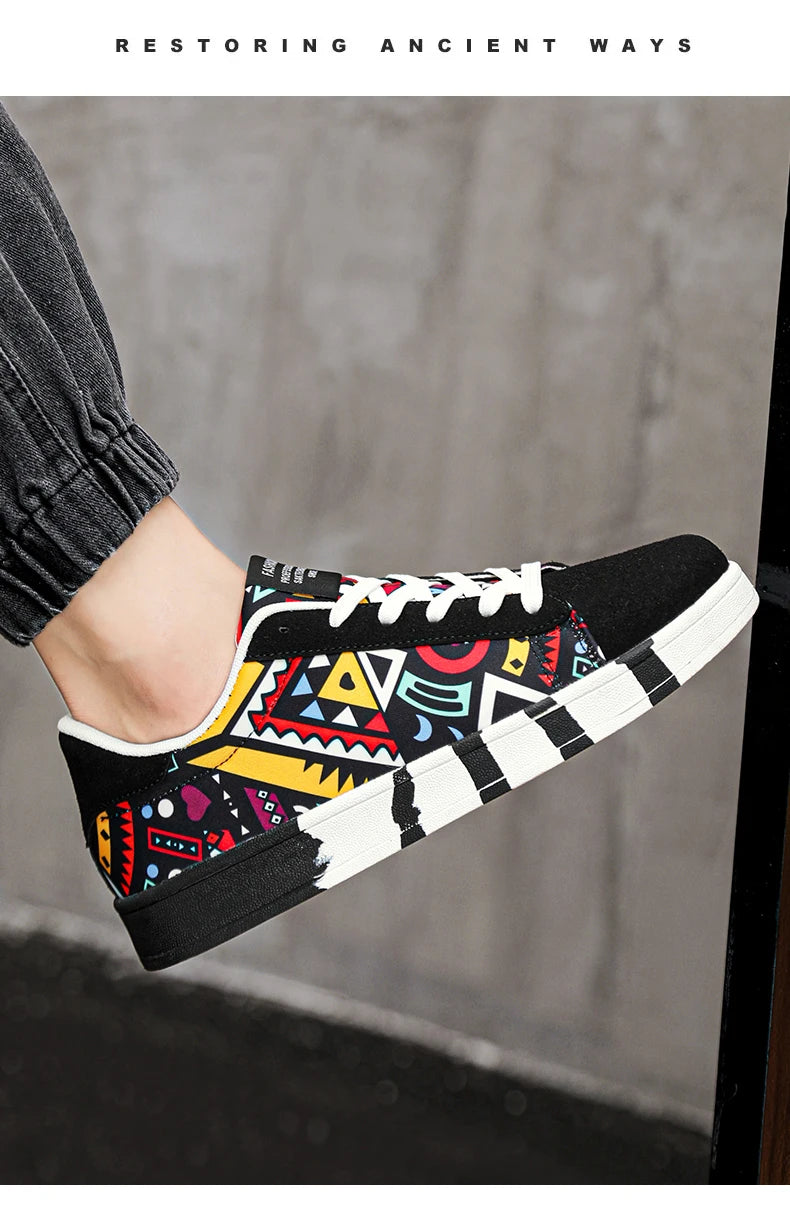YRZL Men's Sports Running Shoes Canvas Geometric Style Lace-Up Sneakers Couples' Fashionable Graffiti Print Skate Shoes