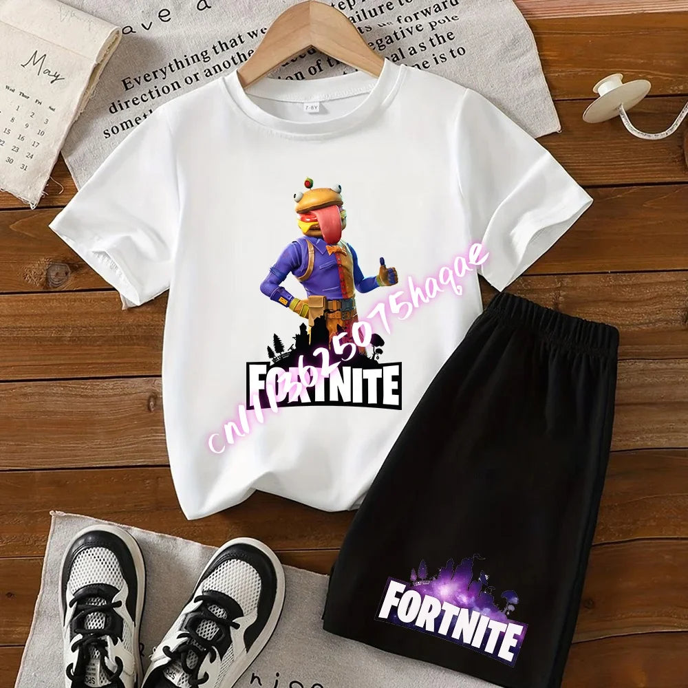 2026 New Fortnite Kids Pure Cotton Short-Sleeved Set with Cartoon Print Boys' Sport Shirt Casual Top Summer T-Shirt 2 Pieces