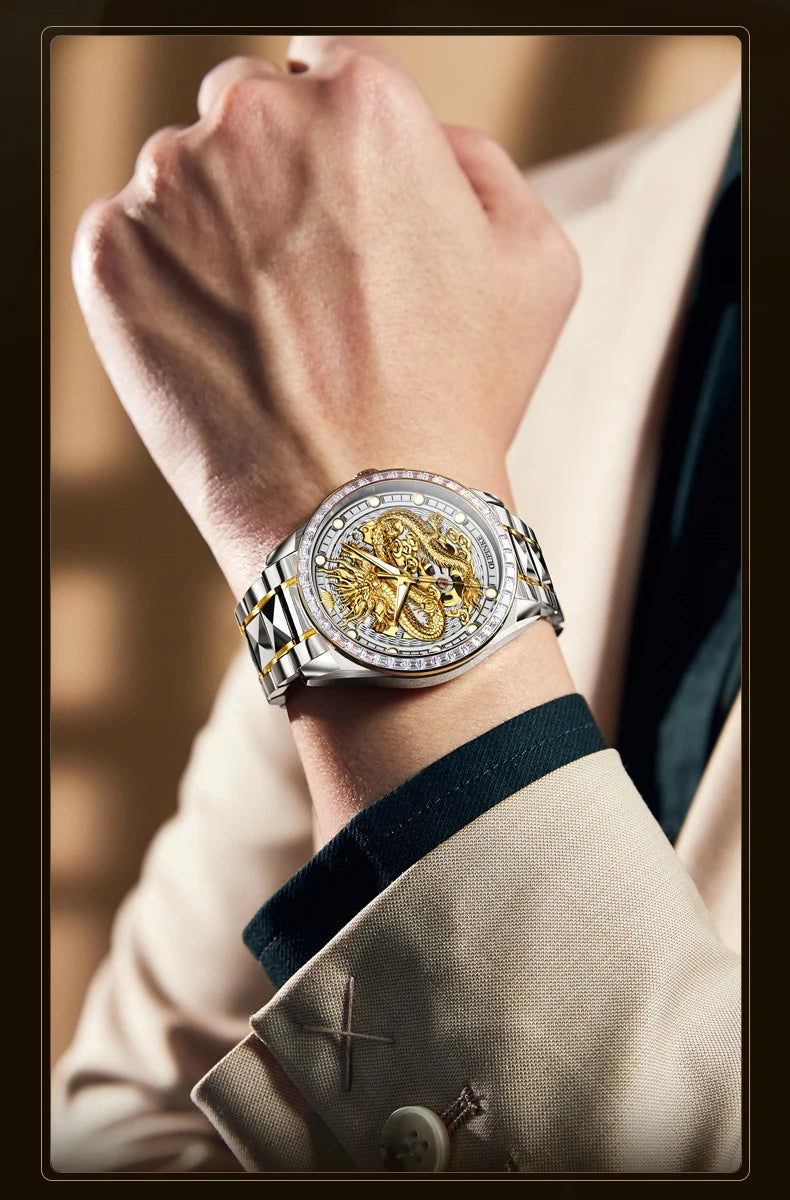 OUPINKE Herrenarmbanduhr, Top-Marke, Luxus, Gold, Wolframstahl, originale automatische mechanische Armbanduhr mit Zifferblatt im Drachenmuster