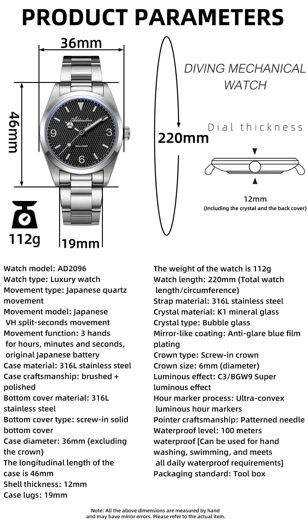 ADDIESDIVE New Men's Analog Watch Bubble Mirror Glass 100m Luminous Men's Quartz Watches with Stainless Steel Bracelet AD2096