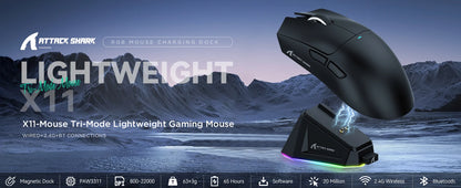 Attack Shark X11 tri-mode gamingmus med magnetisk laddningsdocka, PixArt PAW3311-sensor, 22K DPI, BT/2.4Ghz/trådbunden, för PC/MAC