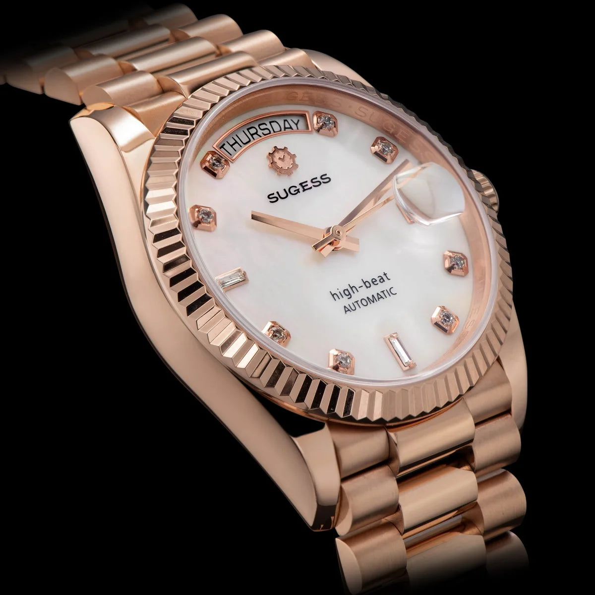 Sugess 36mm Mens of Watch Automatic Dandong Peacock SL3034 Day Movement Sapphire Glass 100m Waterproof Wristwatches MOP Date New