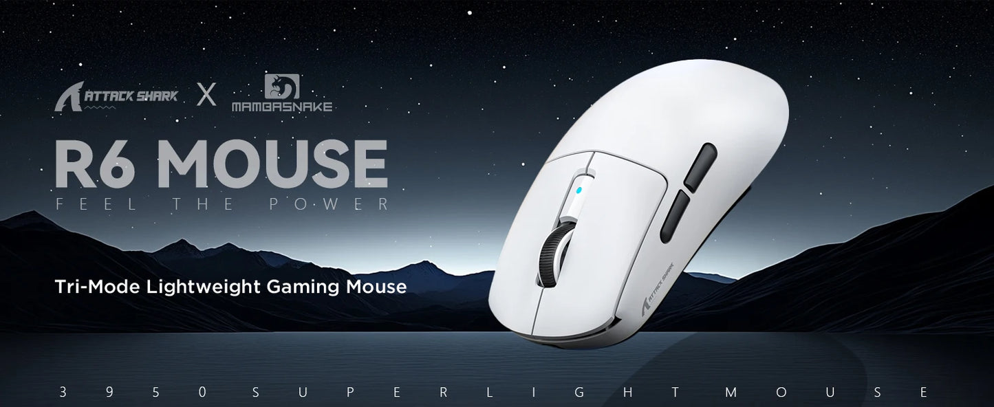 Mouse gaming wireless leggero Attack Shark R6, mouse per computer con sensore PAW 3950Max e Nordic 52480, polling 8KHz
