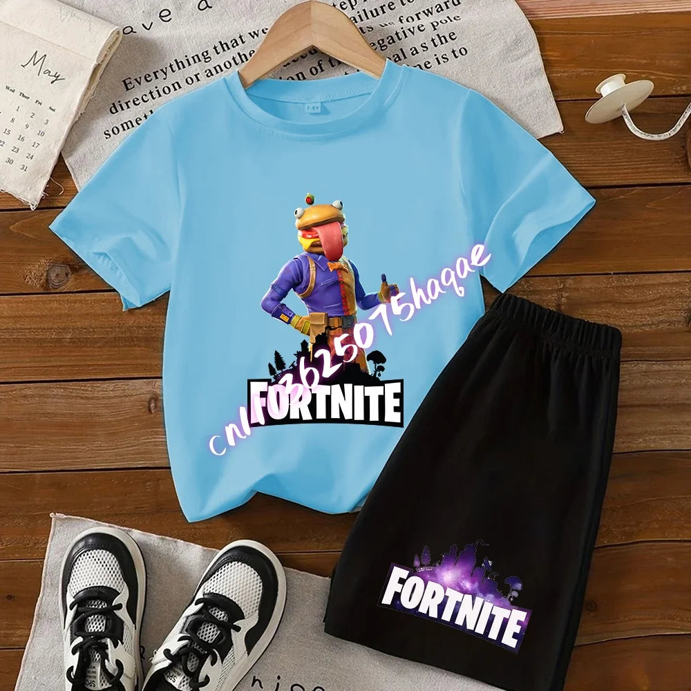 2026 New Fortnite Kids Pure Cotton Short-Sleeved Set with Cartoon Print Boys' Sport Shirt Casual Top Summer T-Shirt 2 Pieces