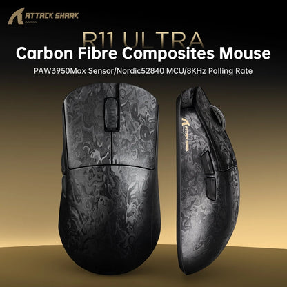 Attack Shark R11 Ultra 8K Carbon Fiber Gaming Mouse, PAW3950MAX, 49g Ultra-Lightweight, Wireless 8000Hz Polling, Tri-Mode