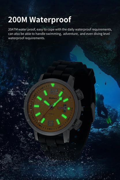 BERNY 20ATM Diver Automatic Mechanical Watch for Men Super Luminous Waterproof Swimming Dive Wristwatch Sapphire Self Winding
