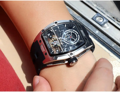 MINI FOCUS Orologio da polso da uomo fashion nero impermeabile, automatico meccanico, con lancette luminose, cinturino in silicone e quadrante tonneau