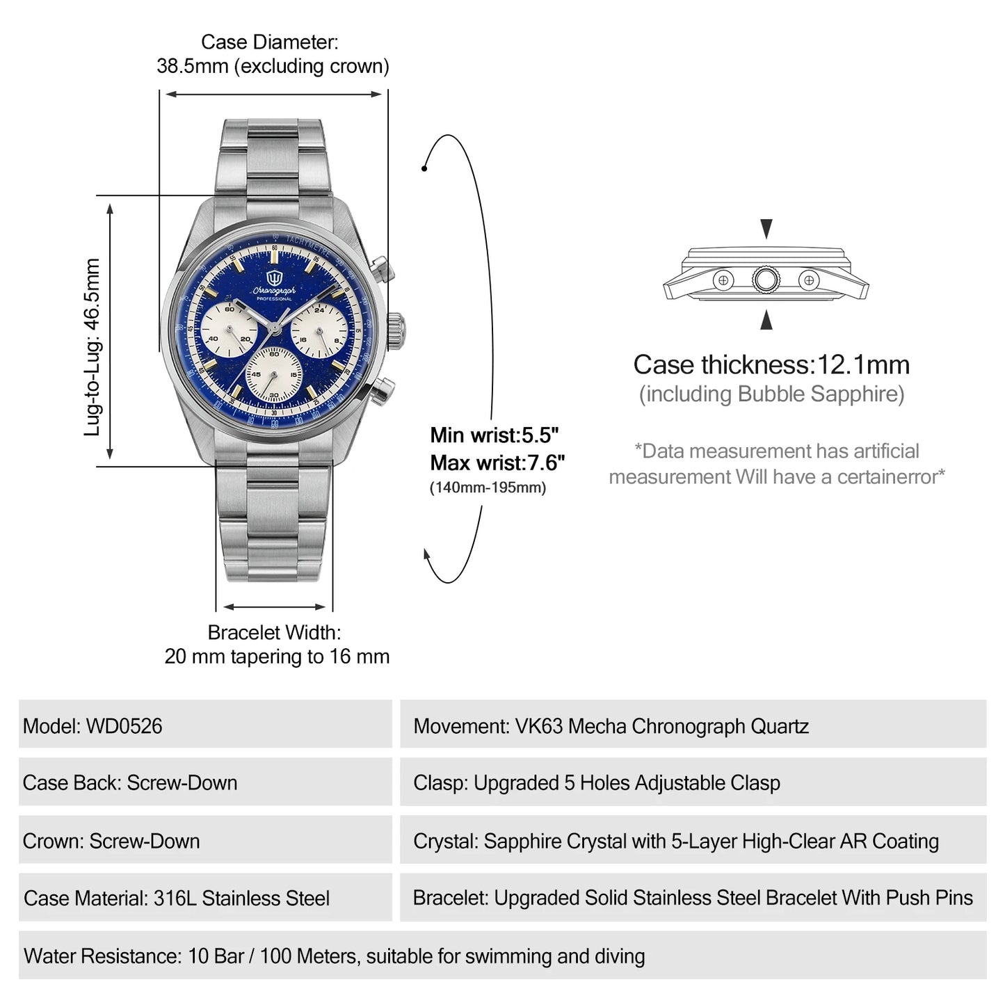 Watchdives Premier WD0526 Men Watch VK63 Mecha Chronograph Quartz Watches Sapphire Waterproof 316L Stainless Steel Wristwatch