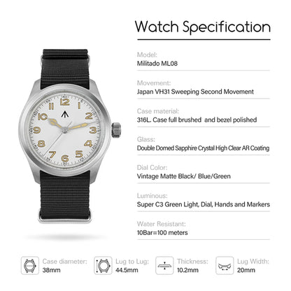 Militado ML08 Quartz Watch VH31/Ronda 515 Quartz Movement Vintage Watch Double Domed Sapphire Crystal BGW9 Luminous Men's Watch