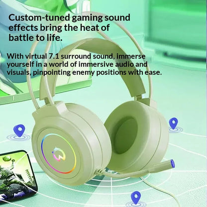 Casque de jeu filaire Paw Hunter T9 avec microphone et éclairage RGB, son surround virtuel 7.1, casque supra-auriculaire pour PC, ordinateur portable et jeux.