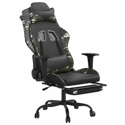 Gaming Chair with Footrest Black and Camouflage 66X56X120.5-131 cm in Imitation Leather, Reclining 360° Swivel Can Carry 110 kg