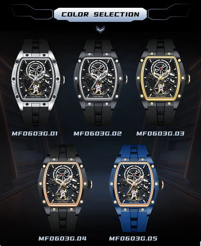 MINI FOCUS Orologio da polso da uomo fashion nero impermeabile, automatico meccanico, con lancette luminose, cinturino in silicone e quadrante tonneau