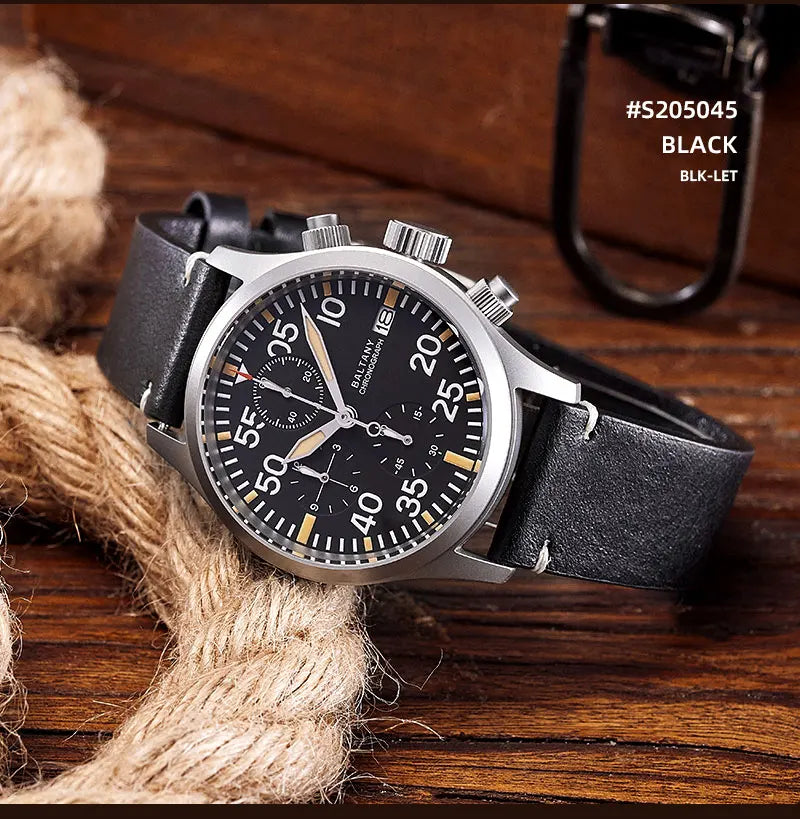Baltany Quartz Chronograph S5045 Sunburst Blue Dial VK67 100M Stainless Steel Calendar Window Sapphire Vintage Military Watches