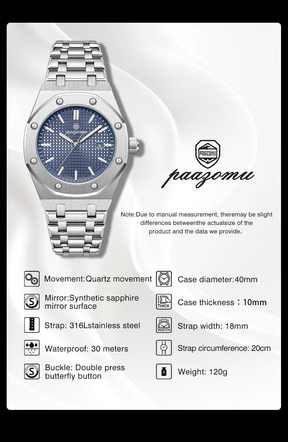 PAAZOMU Luxury Square Man Quartz Watch Waterproof Luminous Date Men's Watch High Quality Stainless Steel Business Men Watches