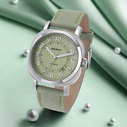 BERNY Mechanical Watch For Women Self-wind Pillow Cushion Sapphire Super Luminous Wristwatch Canvas Calendar Watch For Ladies