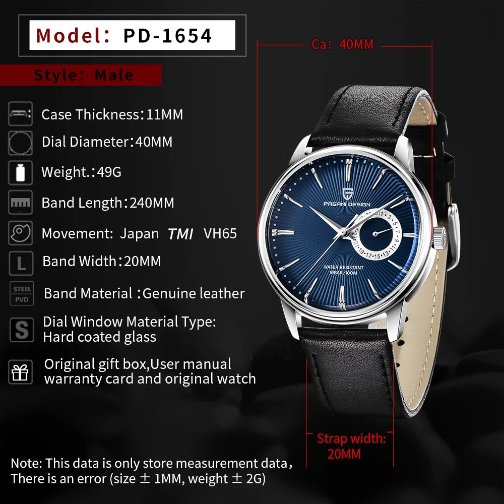 Relógio Casual de Quartzo para Homem PAGANI DESIGN, Luxo Leve, Versátil, Vidro Revestido, Impermeável, Mostrador em Aço Inoxidável e Indicação de Data
