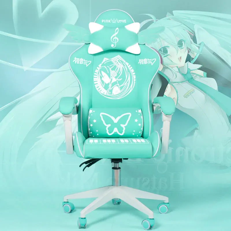 Pink Cartoon Electric Sound Gaming Chair, Rotating Office Chair with Adjustable Height, Latex Cushion, 360° Swivel Computer Chair for Home & Study