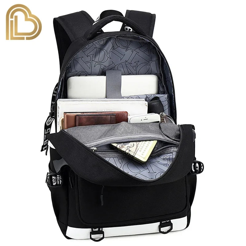 Mochila Red Jade F-Fortnited Battle Royale com carregamento USB, figuras anime e compartimento para material escolar para estudantes