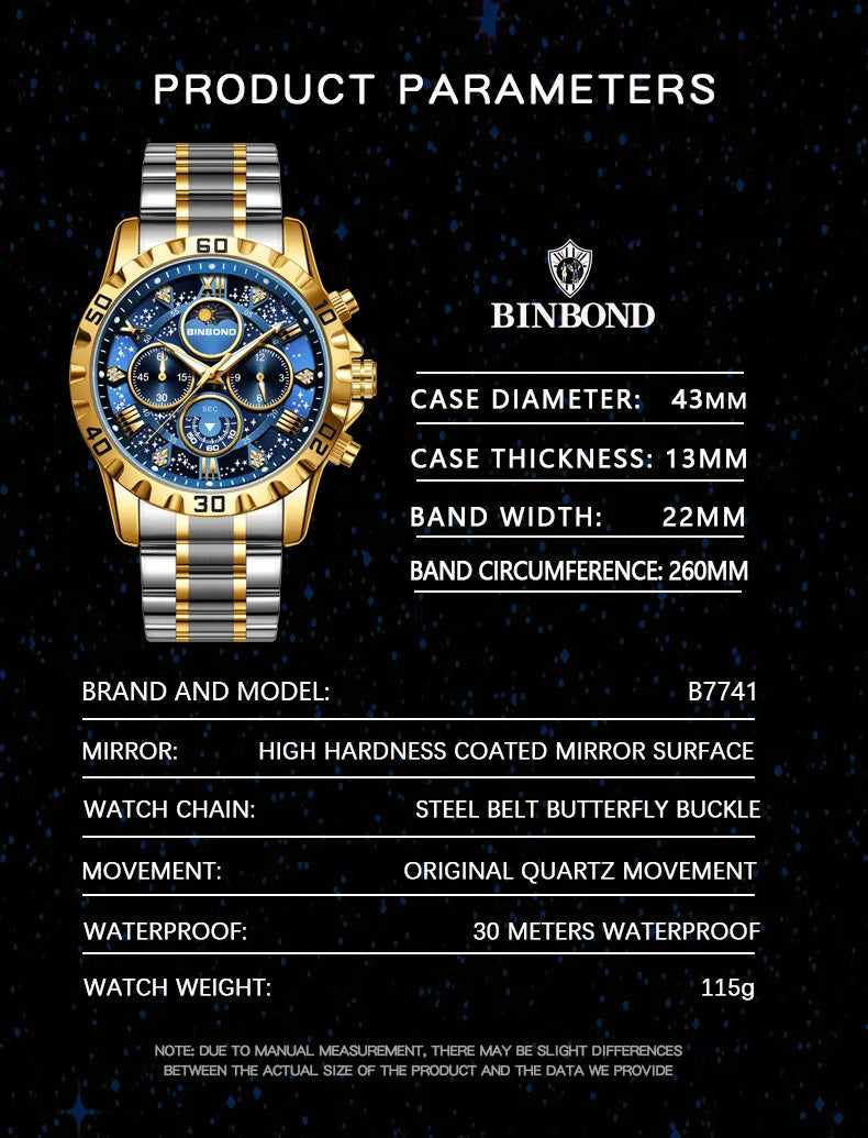 2026 Men Watch Light Luxury Business Steel Belt Moonphase Starry Night Light Waterproof Men's Fashion Quartz Clock Watches Gift