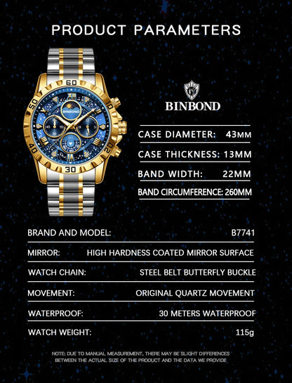 2026 Men Watch Light Luxury Business Steel Belt Moonphase Starry Night Light Waterproof Men's Fashion Quartz Clock Watches Gift