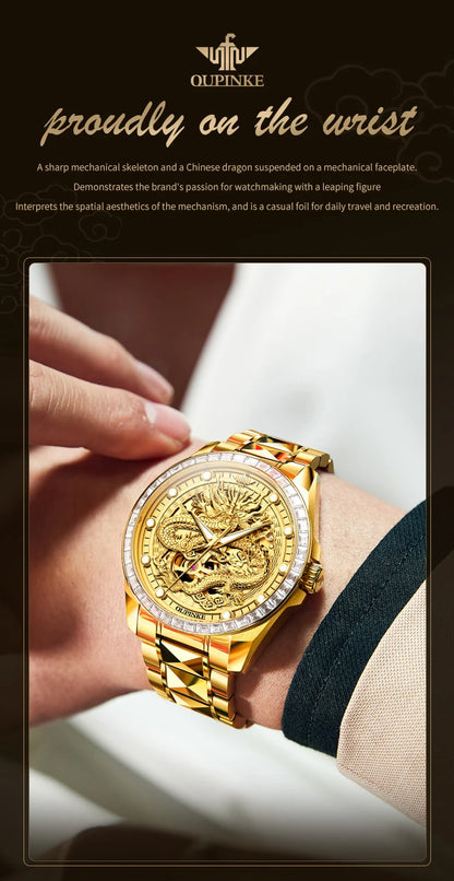 OUPINKE Herrenarmbanduhr, Top-Marke, Luxus, Gold, Wolframstahl, originale automatische mechanische Armbanduhr mit Zifferblatt im Drachenmuster