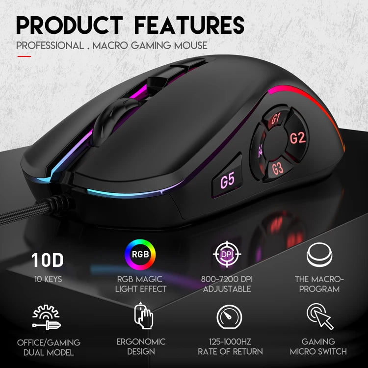 Mouse de birou pentru gaming cu fir 7200DPI, iluminare RGB, 6 niveluri DPI ajustabile/10 butoane programabile/buton de revenire la desktop