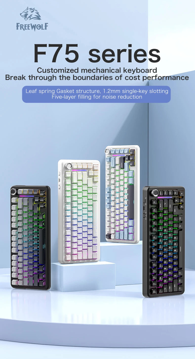 75% Hot Swap Gaming Keyboard Wireless FREEWOL F75 RGB Mechanical Keyboard with Metal Knobs AULA F75 Same Model,Tri-Mode,4000 mAh
