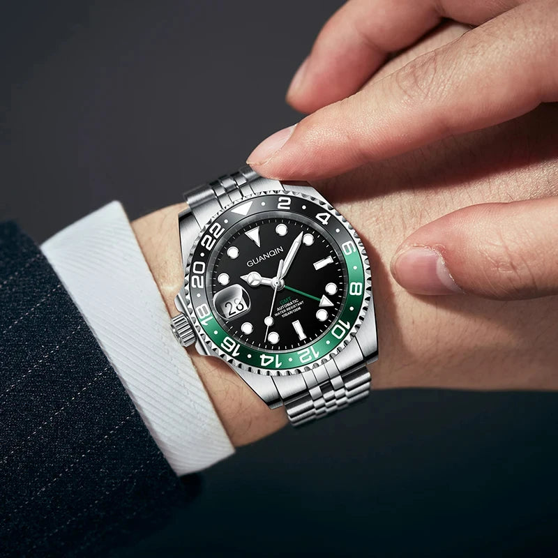 GUANQIN GMT Herrenuhren 2025 Neue Automatikuhr für Herren NH34 Mechanische Armbanduhr Saphirglas Edelstahlgehäuse Linkshänder