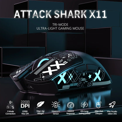 Mouse da gaming wireless Original Brand ATTACK SHARK X11 con dock di ricarica, sensore gaming PixArt PAW3311, Origin BT/2.4G wireless/cablato