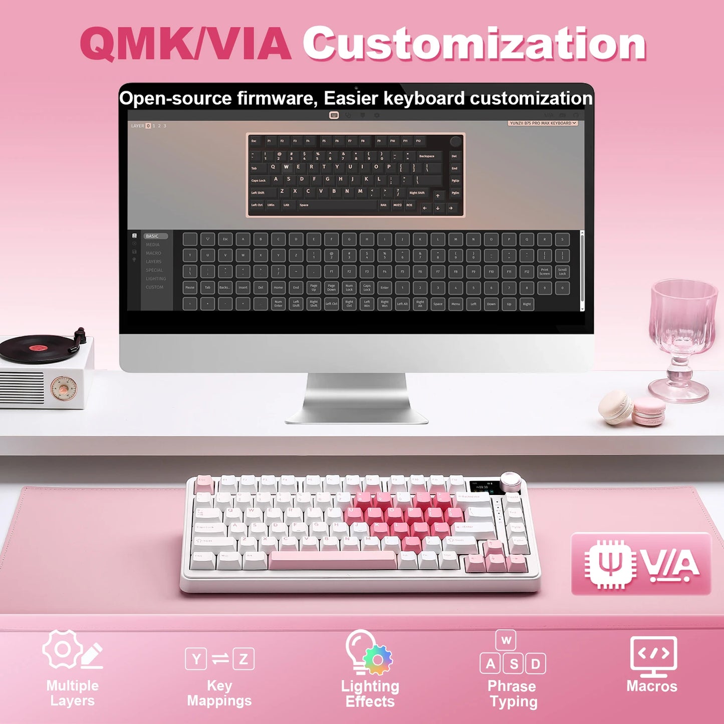 YUNZII B75 PRO MAX Wireless Mechanical Keyboard, QMK/VIA Custom 75% Gaming Keyboard with Screen&Knob, Creamy Sounds for Win/Mac