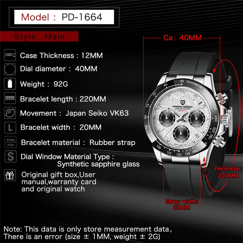 PAGANI DESIGN V2 40MM Herrenuhr mit Meteorit-Zifferblatt, Quarzwerk, Saphirglas, Retro-Chronograph, wasserdichte Uhr für Herren